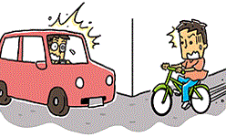 曲がり角で車と自転車が衝突寸前のイラスト