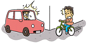 曲がり角で車と自転車が衝突寸前のイラスト